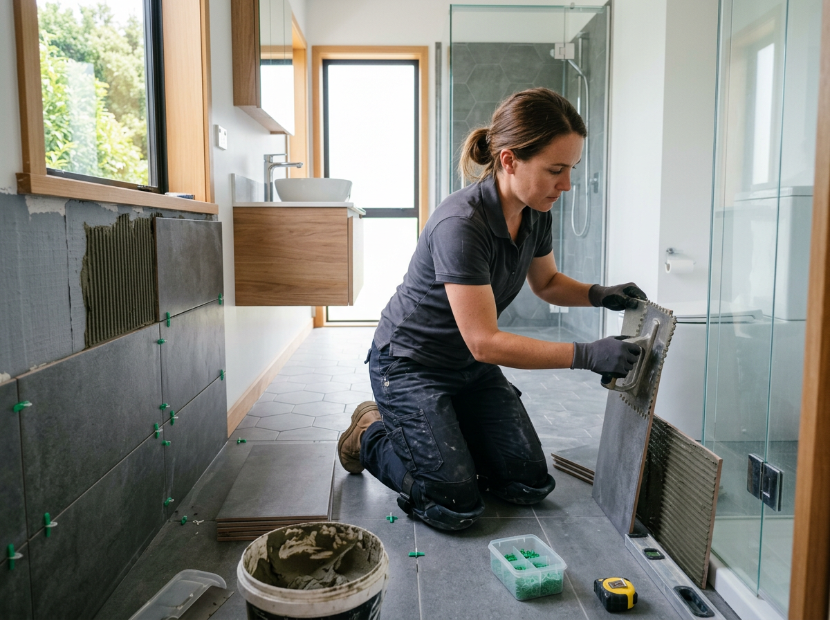 Tiler at work on a New Zealand home